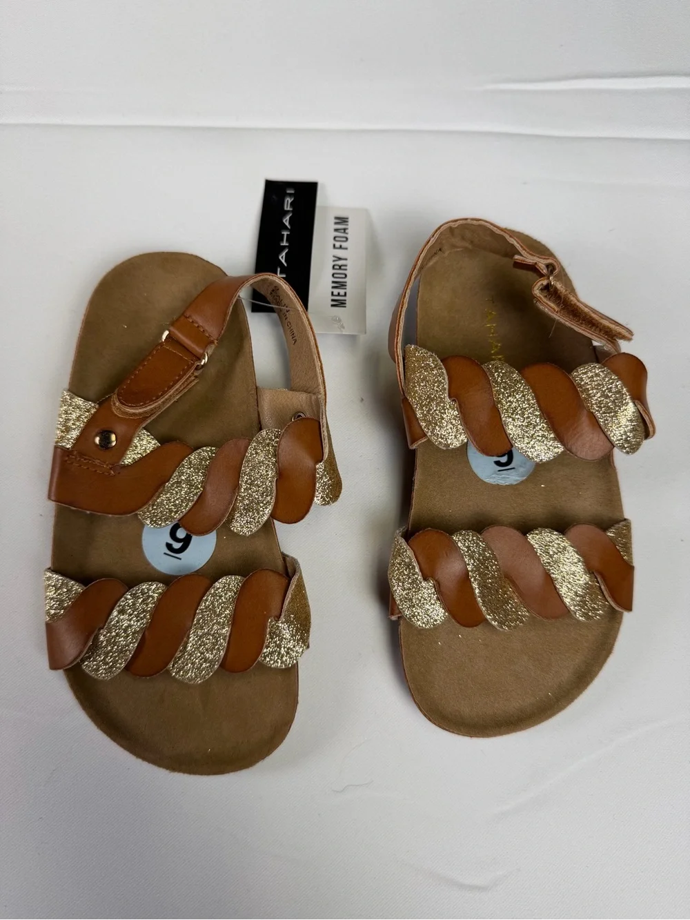 Tahari Girls Brown & Gold Glitter Braided Sandals Memory Foam / NWT size 9